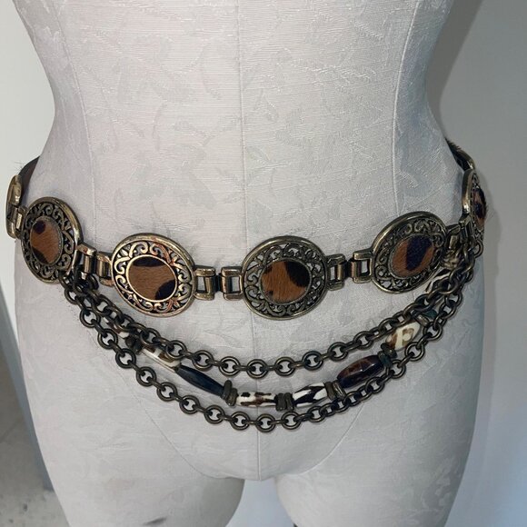 Streets Ahead Vintage Womens Belt Size Large Brown Pony Hair Brass Layered - Picture 7 of 16